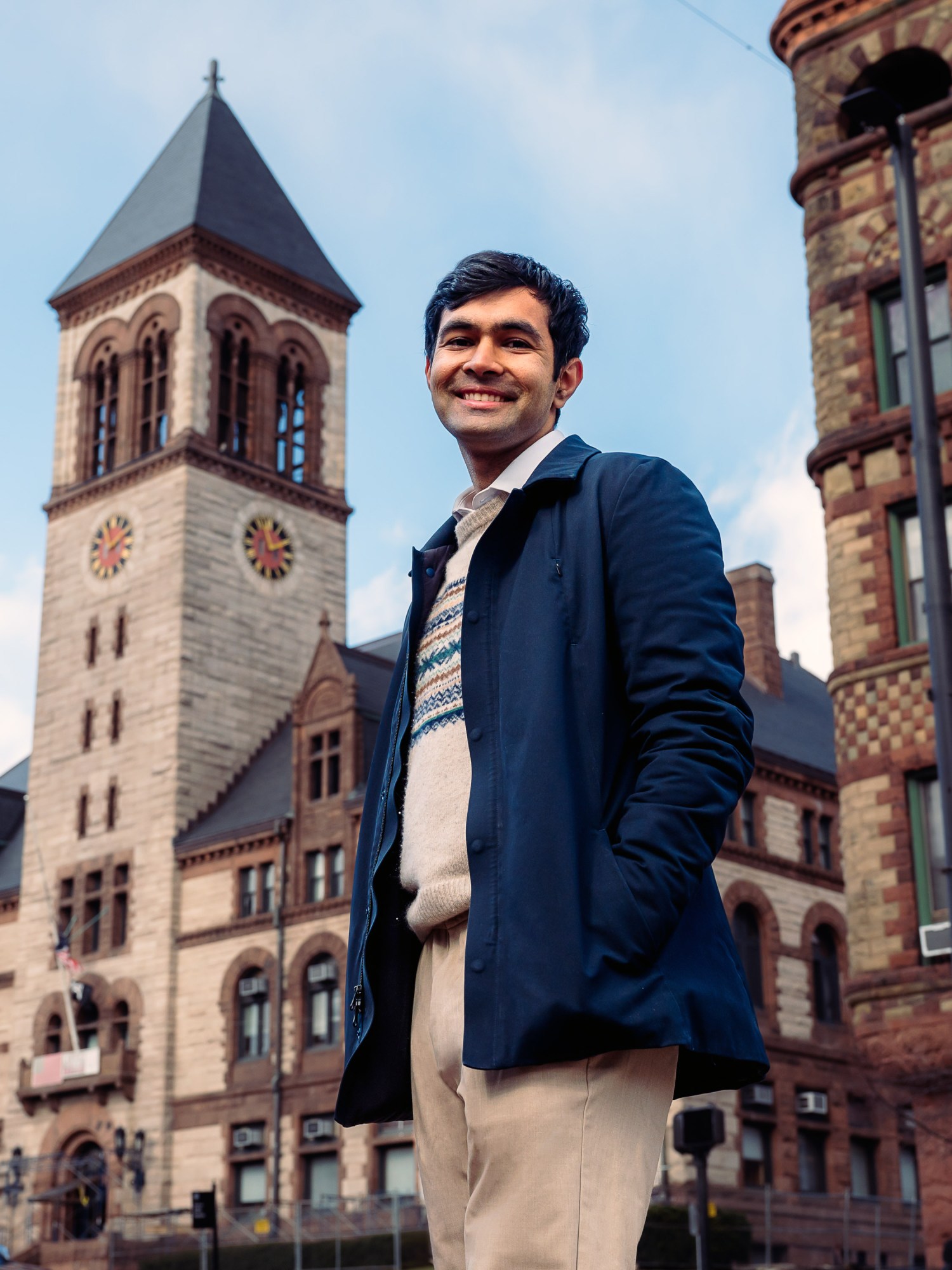 Azeem in front of Cambridge City Hall