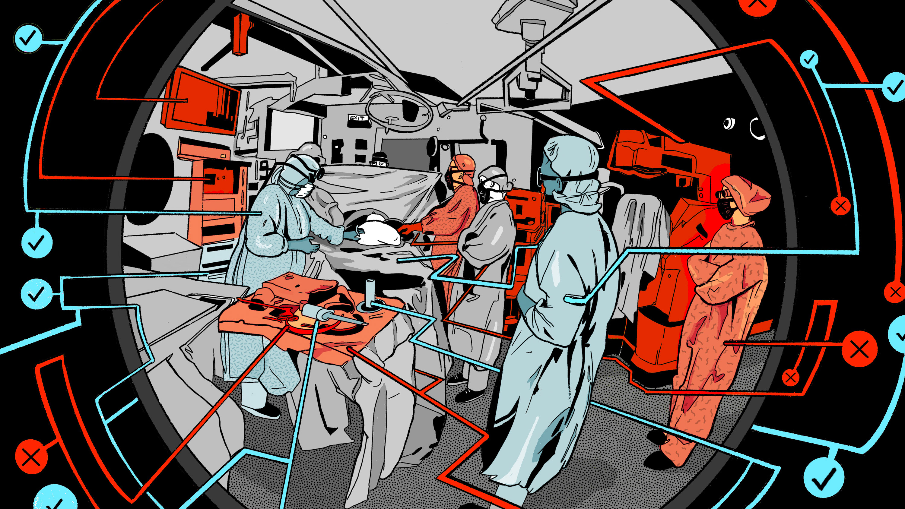 view through camera lens of a surgery in process, annotated by a computer to show compliant and non-compliant items