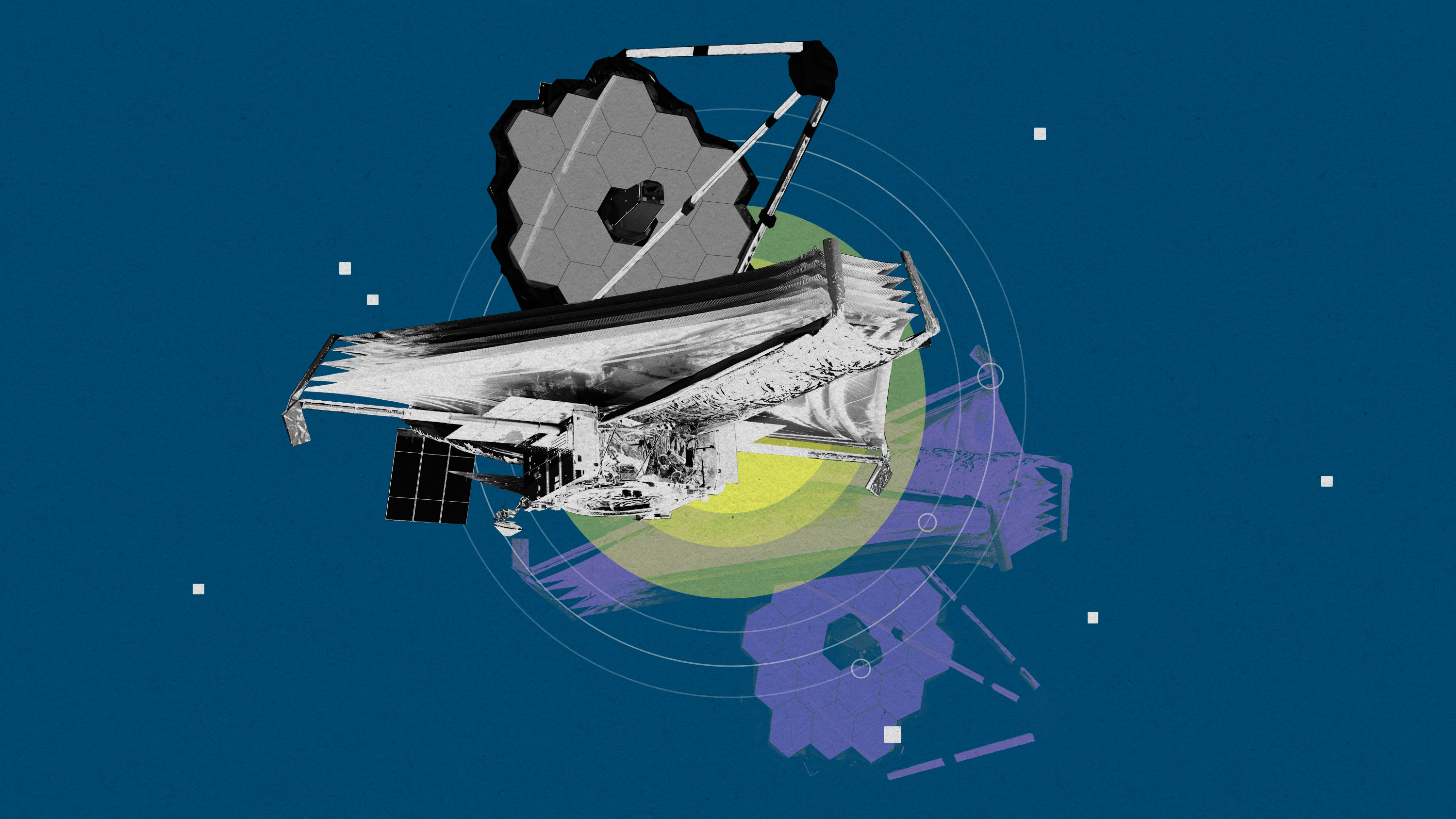 JWST floating over a stylized solar system model with a purple twin of it beneath