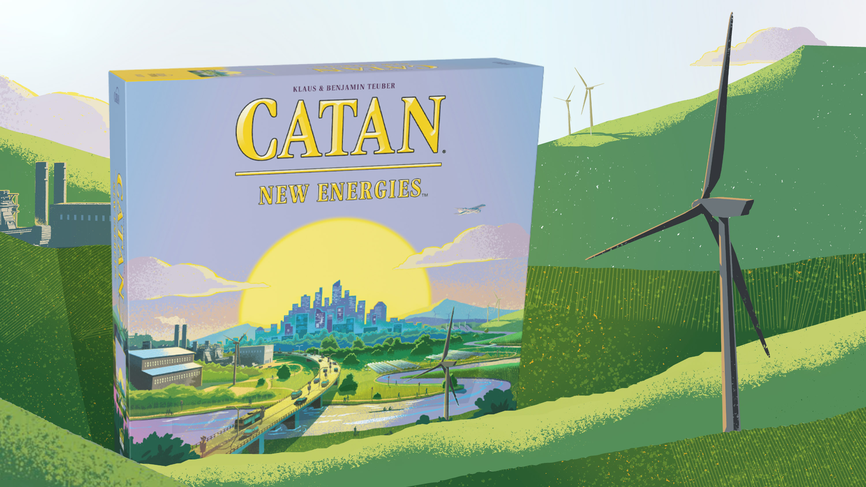 Catan New Energies game box in a landscape with green hills and windmills